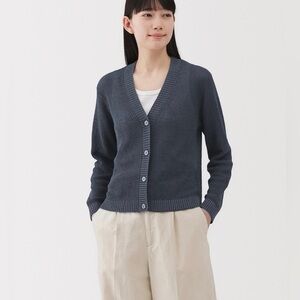 Muji Linen Blend Cardigan Sweater Sz M Womens Blue V Neck Mesh Minimal Open Knit